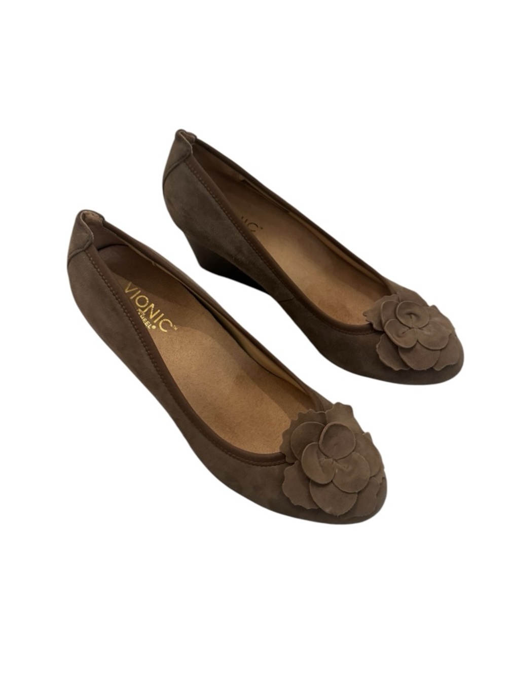 Vionic Brown Suede Wedge Pumps with Floral Appliqué